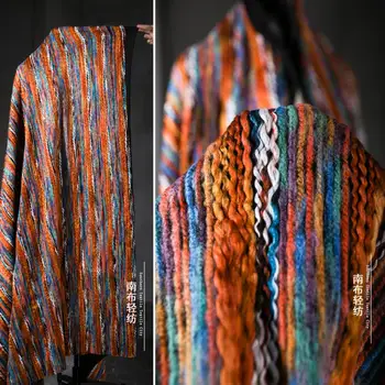1 ярд оранжево-синего жаккарда, контрастного мелкого трикотажа, плотная полосатая ткацкая текстура, дизайнерская ткань для одежды
