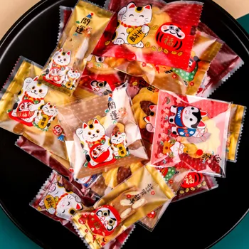 100шт 2024 юаней Пакет для печенья Машина для упаковки ореховых конфет и закусок герметичный пакет Lcuky Cat Пластиковые Прозрачные пакеты Bakery decor