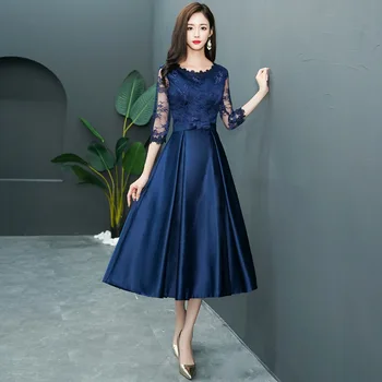 2022 Новое банкетное платье средней длины, Тонкие Кружевные платья с коротким рукавом, темно-синее вечернее платье для ночной клубной вечеринки vestidos mujer S-2XL