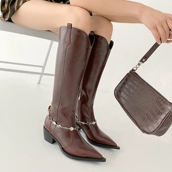 2022 Осенне-зимние женские сапоги до колен из натуральной кожи 22-24,5 см, современные ботинки из воловьей кожи с острым носком и металлической цепочкой, западные ботинки