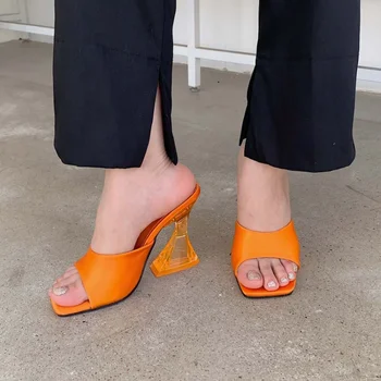 2023 Новые шелковые зеленые тапочки, женские прозрачные туфли на высоком каблуке с квадратным носком, женские сандалии De Mujer для женщин