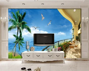 3d трехмерное окно балкон вилла с видом на море кокосовая пальма гостиная телевизор диван пейзаж фон стены обои фреска