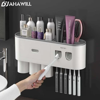 AHAWILL Настенный магнитный адсорбционный держатель для зубных щеток С 2 дозаторами зубной пасты Для бесплатного хранения Аксессуаров для ванной комнаты