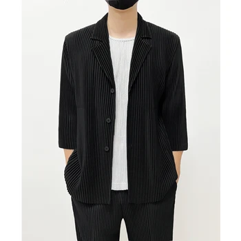 ALSEY Miyake Плиссированное мужское пальто Лето Осень 2023, Однотонный лацкан, Семиточечный Свободный повседневный деловой костюм, эстетичная одежда