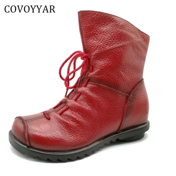 COVOYYAR 2023, женские ботинки из натуральной кожи, осень-зима, винтажные плиссированные ботильоны с бантом, повседневная женская обувь большого размера WBS686
