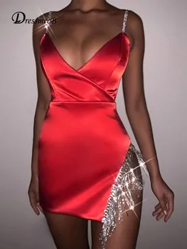 Dressmecb Мини-платье на бретельках с бриллиантовой кисточкой, женская одежда, сексуальные вечерние платья с глубоким V-образным вырезом, облегающее платье с разрезом сбоку, Vestidos