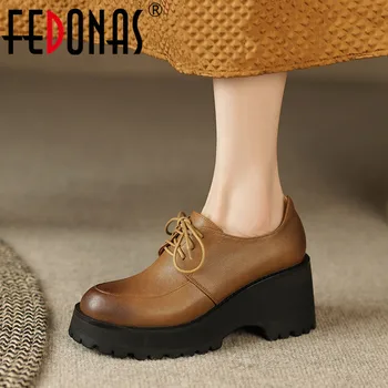 FEDONAS Для отдыха, женские туфли-лодочки в стиле ретро на шнуровке, с круглым носком, на толстом высоком каблуке, на платформе из натуральной кожи, Повседневная женская обувь Весна-лето