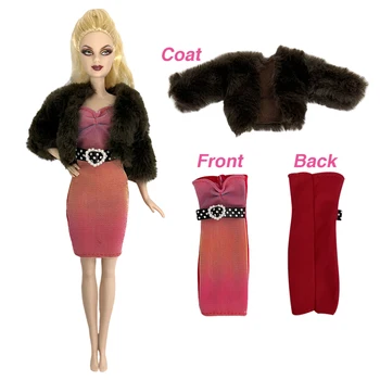 NK 1 комплект новейшей кукольной одежды, благородное коричневое плюшевое пальто, модная майка, нижнее платье для Барби, аксессуары, Подарочная игрушка для куклы для девочек