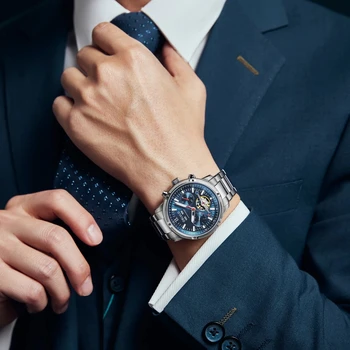OBLVLO Мужские автоматические механические часы, повседневные деловые мужские часы с календарем даты, водонепроницаемые часы с синим циферблатом из нержавеющей стали