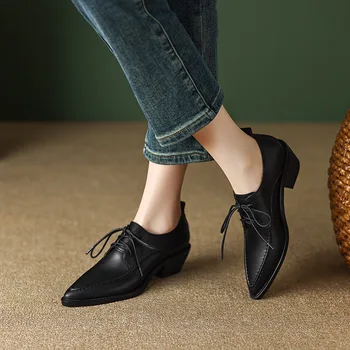 Phoentin/ 2023; Повседневные женские туфли-лодочки на среднем каблуке; удобная обувь из натуральной кожи на шнуровке; женская обувь в стиле ретро; большие размеры FT2451