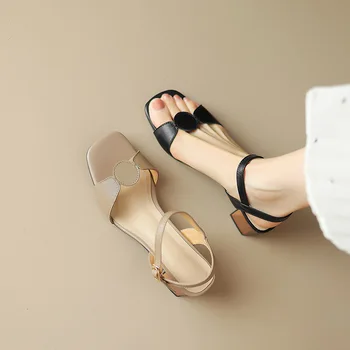 Phoentin Повседневные босоножки на высоком каблуке в стиле ретро, летние новые женские офисные туфли из натуральной кожи, элегантные сандалии абрикосового цвета, большой размер FT2517