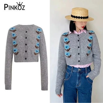 Pinkoz дизайнер для подиума, веселый цветок, элегантная облегающая короткая куртка, вязаные однобортные кардиганы с круглым вырезом, осенне-зимняя одежда za