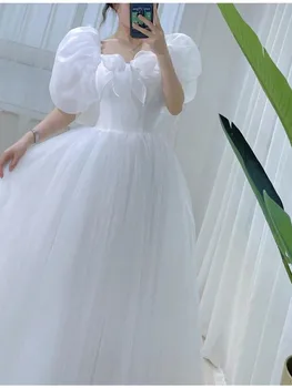 Белое Милое сетчатое платье принцессы, женское платье миди в Корейском стиле Каваи с пышными рукавами и бантом, женское осеннее повседневное платье для вечеринки 2023 года.