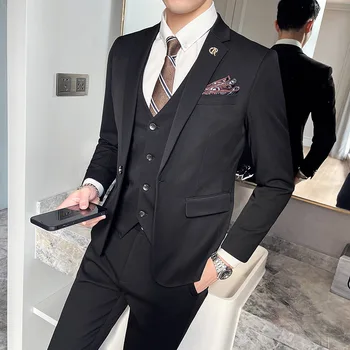 (Блейзер + брюки + жилет) Мужской костюм приталенного покроя для официальной деловой работы, однобортный свадебный смокинг, костюмы для жениха, комплекты 3XL