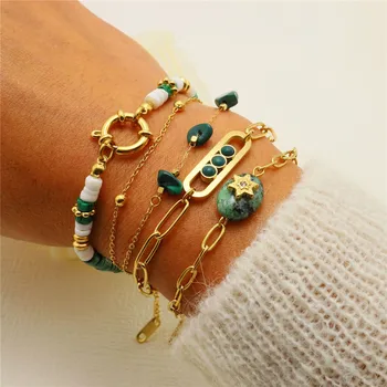 Бусины из зеленого камня, модный браслет-цепочка из нержавеющей стали, браслет для женщин, Изысканные браслеты золотого цвета, ювелирные изделия, подарок девушке