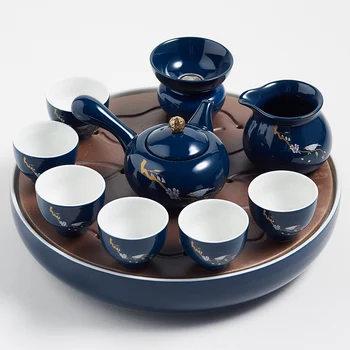 Бытовой керамический чайный сервиз кунг-фу, чайник и набор чашек, японский простой маленький чайный столик, чайная посуда с глазурью цвета морской волны, подарок для друга