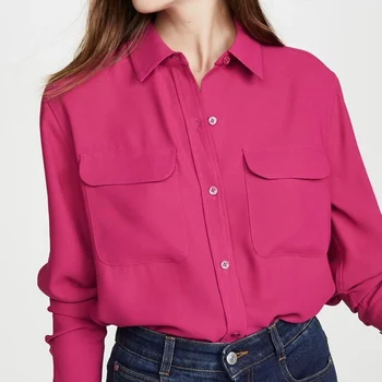 Весенне-летняя Женская Классическая Однобортная Повседневная рубашка из 100% Шелка с лацканами и длинными рукавами с двойным карманом 2023 года