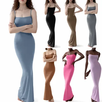 Весенне-летняя женская одежда 2023, однотонное платье-футляр слинг-макси с рыбьим хвостом