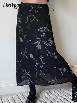 Винтажная эстетичная сетчатая юбка с цветочным принтом с низкой талией Женская раздельная Y2K Шикарные двухслойные юбки Harajuku Elegant