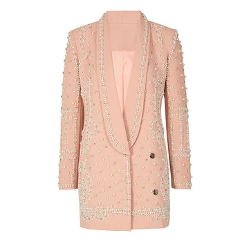 Высококачественные Блейзеры с жемчугом и бриллиантами, расшитые бисером, Женская Весенняя одежда 2023 года, Розовые куртки, женские блейзеры с длинным рукавом