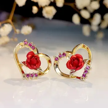 Европейская и американская мода, серьги с розами для женщин, серьги-гвоздики с цирконом, романтические украшения на годовщину Дня Святого Валентина
