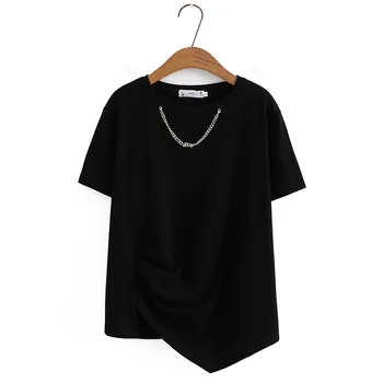 Женская базовая футболка большого размера, лето 2023, Асимметричная длина, футболки с круглым вырезом на металлической цепочке, топы с коротким рукавом, одежда с изгибом