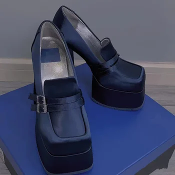 Женские классические туфли-лодочки, Модная обувь на платформе на высоком массивном каблуке с ремешком на щиколотке, Новинка 2023 года, модный цвет Marry Jane Woman, Черный