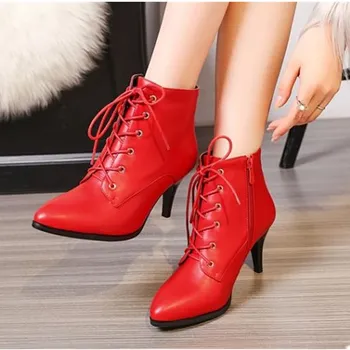 Женские красные женские ботинки со шнуровкой и острым носком на тонком каблуке, зимние ботильоны на молнии, короткие ботинки на высоком каблуке, Большой размер 43