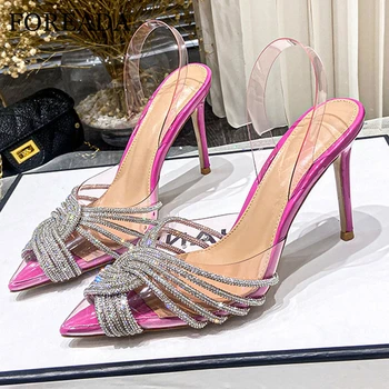 Женские туфли-лодочки FOREADA с острым носком на толстом высоком каблуке с прозрачными кристаллами, сексуальный дизайн, женская модная обувь для вечеринок, Летняя, розово-красная, 40