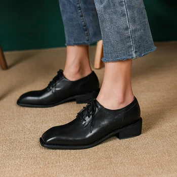 Женские туфли-оксфорды в стиле ретро из коровьей кожи на шнуровке с квадратным носком, повседневная базовая обувь в британском стиле для женщин, комфортные туфли на плоской подошве из натуральной кожи