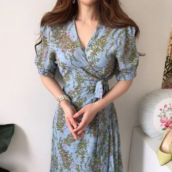 Женское платье с принтом Blue Flora 2023, Летние Элегантные платья на шнуровке с V-образным вырезом, облегающая уличная одежда с пышными рукавами, Vestido Chic
