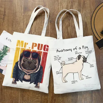 Жизнь домашних собак, анатомия мопса, холщовая сумка с мультяшным принтом, женская забавная эко-сумка для покупок в стиле харадзюку большой емкости