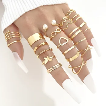 Кольца с сердечками золотого цвета в стиле Бохо, набор открытых колец, набор из 22 предметов для женщин, винтажные кольца с геометрическим крестом, жемчужиной и бабочкой на палец