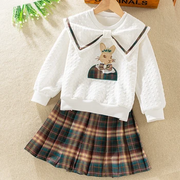 Костюм для девочек, комплект детской одежды, вязаное пальто с вышивкой кролика, клетчатая юбка, комплект из 2 предметов, весенне-осенние повседневные комплекты одежды для девочек
