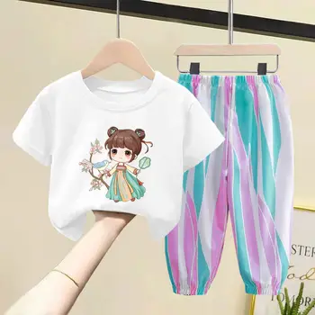 Костюмы для девочек, Новая летняя детская футболка из чистого хлопка с короткими рукавами, детские штаны, комплект из двух предметов