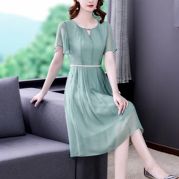 Круглый вырез, зеленое платье из шелка тутового цвета, платье из натурального шелка, новое летнее женское платье 2023 с короткими рукавами, юбка трапециевидной формы средней длины