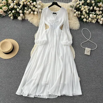Летнее Длинное Белое платье с элегантным рукавом-фонариком, гофрированное платье Макси в стиле Бохо, Vestidos, вечернее плиссированное пляжное платье с большими качелями, новое