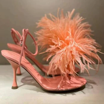 Летние новые стильные пикантные босоножки на высоком каблуке-шпильке с волосатым носком и пряжкой для выпускного вечера на подиуме, универсальная женская обувь на заказ