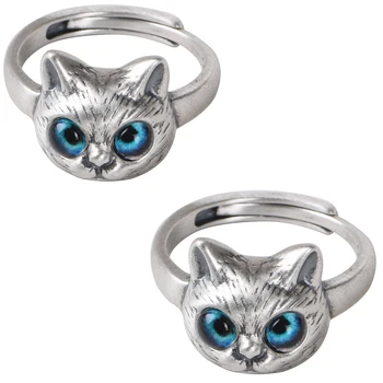 Милые кольца с изображением животных в виде кошки с голубыми глазами для женщин и девочек, Серебряное кольцо с открывающейся Совой, готические украшения, праздничный подарок