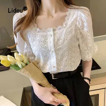 Модная блузка с квадратным воротником и цветочной вышивкой, Женская Новая летняя Однобортная Офисная женская рубашка с коротким рукавом 2023