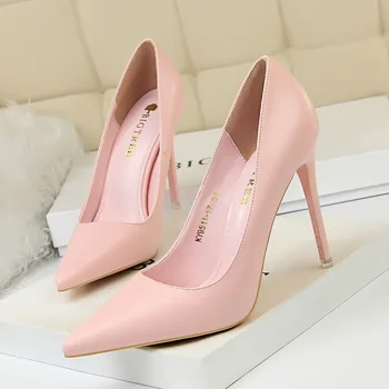 Модная и простая женская обувь на тонких высоких каблуках, тонкие каблуки, супервысокие каблуки, неглубокие носки, сексуальные тонкие туфли, розовая