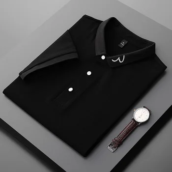 Модные мужские рубашки поло с вышивкой 2021, однотонная футболка, деловые повседневные топы, приталенная блузка, мужская одежда, Рубашка с коротким рукавом