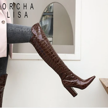 Модные сапоги выше колена ORCHA LISA, женская зимняя обувь из тонкой лакированной кожи, туфли на квадратном каблуке с острым носком 10 см, 17 долларов США