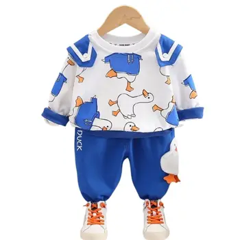 Модный детский спортивный костюм для маленьких мальчиков, хлопковая детская одежда, свитер с мультяшной уткой, Брюки, 2 предмета, детская одежда, спортивный костюм для малышей