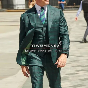 Мужские модные костюмы Приталенного кроя, однобортный пиджак в зеленую клетку, сшитый на заказ Официальный деловой блейзер, смокинг жениха