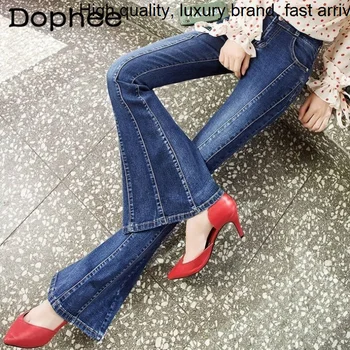 Новые весенне-осенние синие джинсы для женщин, приталенная талия, универсальная строчка, узкие расклешенные длинные джинсовые брюки High Street