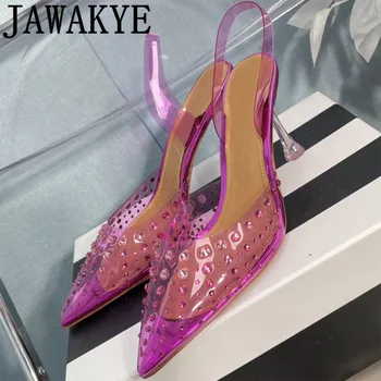 Новые дизайнерские босоножки на высоком каблуке из ПВХ с кристаллами, женские туфли на тонком высоком каблуке с острым носком и стразами, летние брендовые женские туфли-лодочки