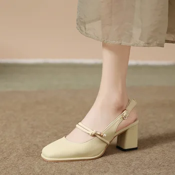 Новые женские летние мягкие босоножки-слипоны с ремешком на щиколотке и пряжкой, женская современная обувь Mary Jane на квадратном каблуке Off White