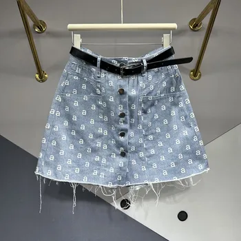 Однобортный джинсовый короткий Кюлот с буквенным принтом Женский 2023 Летняя Корейская мода, Тонкая юбка с высокой талией, женская мини-юбка