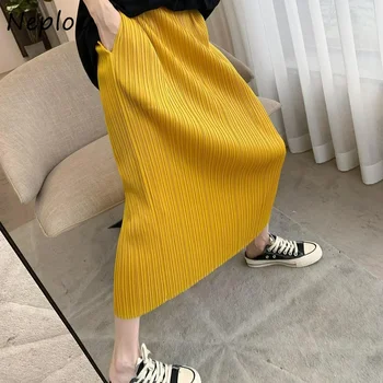 Однотонная приталенная юбка Neploe с высокой талией, Корейская летняя модная простая универсальная юбка Jupe с разрезом, плиссированный дизайн Sense Mujer Faldas